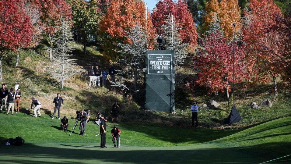 Phil Mickelson and Tiger Woods during The Match at Shadow Creek in November 2018